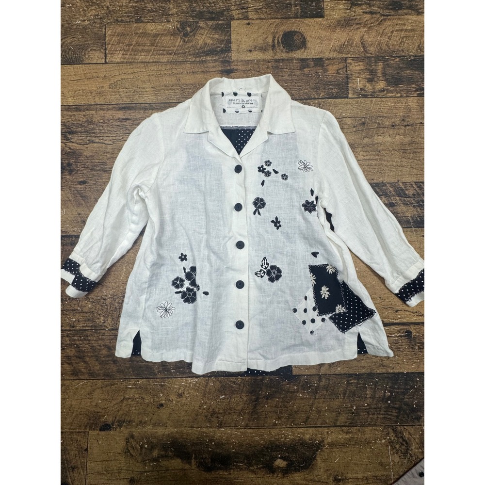 Shari B‎ Green Re-Made Linen Embroidered Patchwork Button Down Shirt White Black